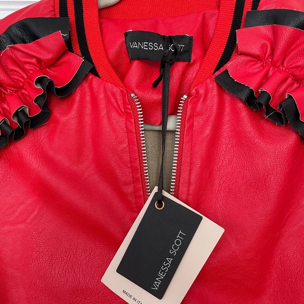 Red Bomber Jacket with Ruffle Detail - Picture 5 of 7